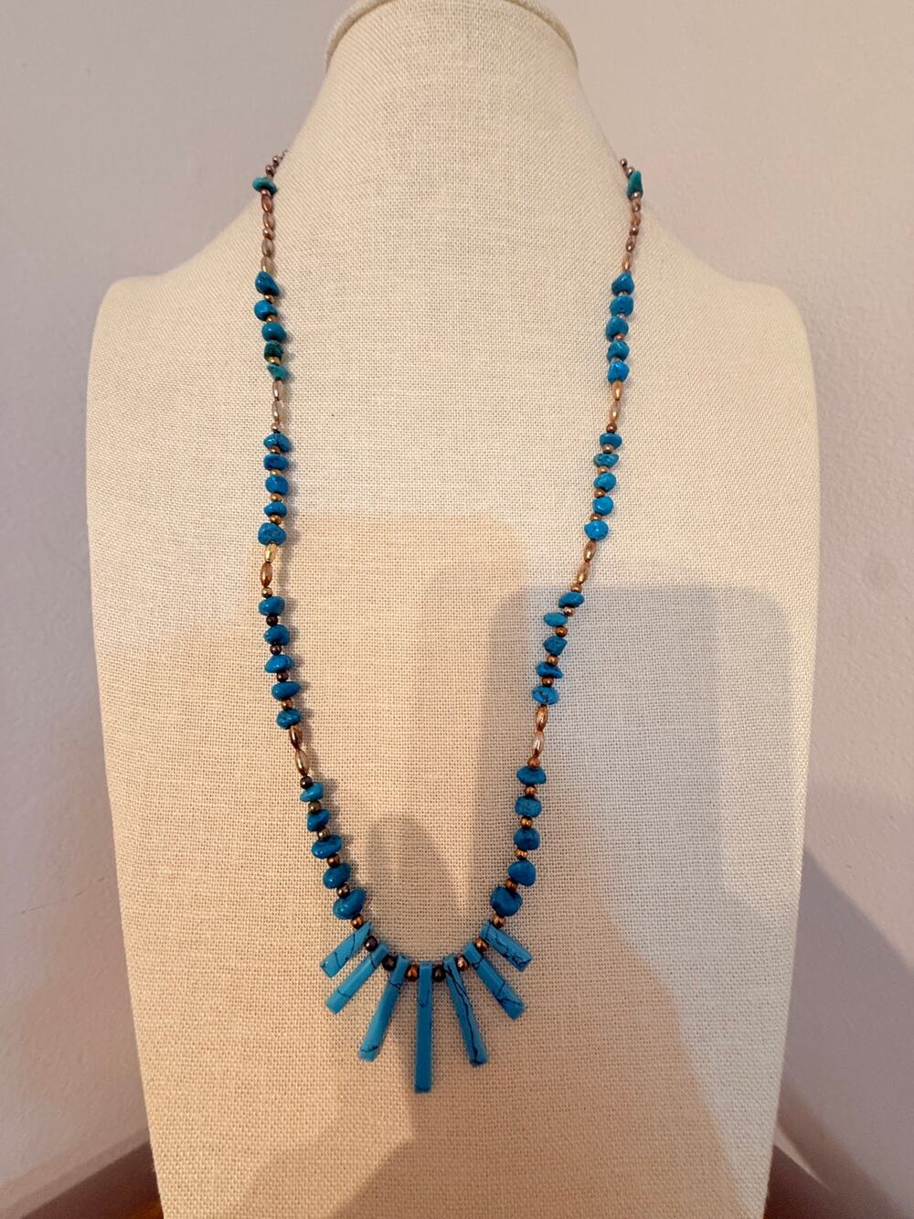 Southwestern Style Turquoise Chip Bead Fringe Necklace 28”